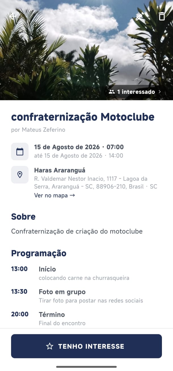 Tela de detalhes de um encontro no app RIDE